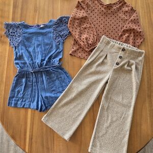 Blue Lace Sleeve Romper and Brown Polka Dot Top with Tan Pants Set